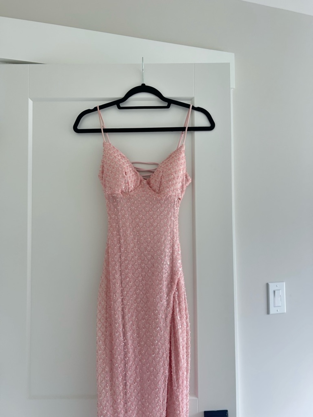 Windsor Pink Beaded Spaghetti Strap prom dress